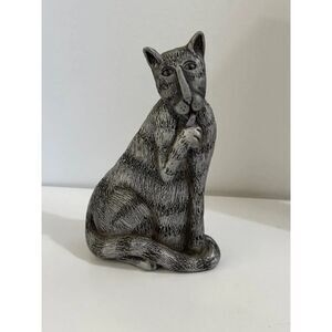 Marsha McCarthy Cat Figure Silver Gray Resin Seated Licking Paw Signed